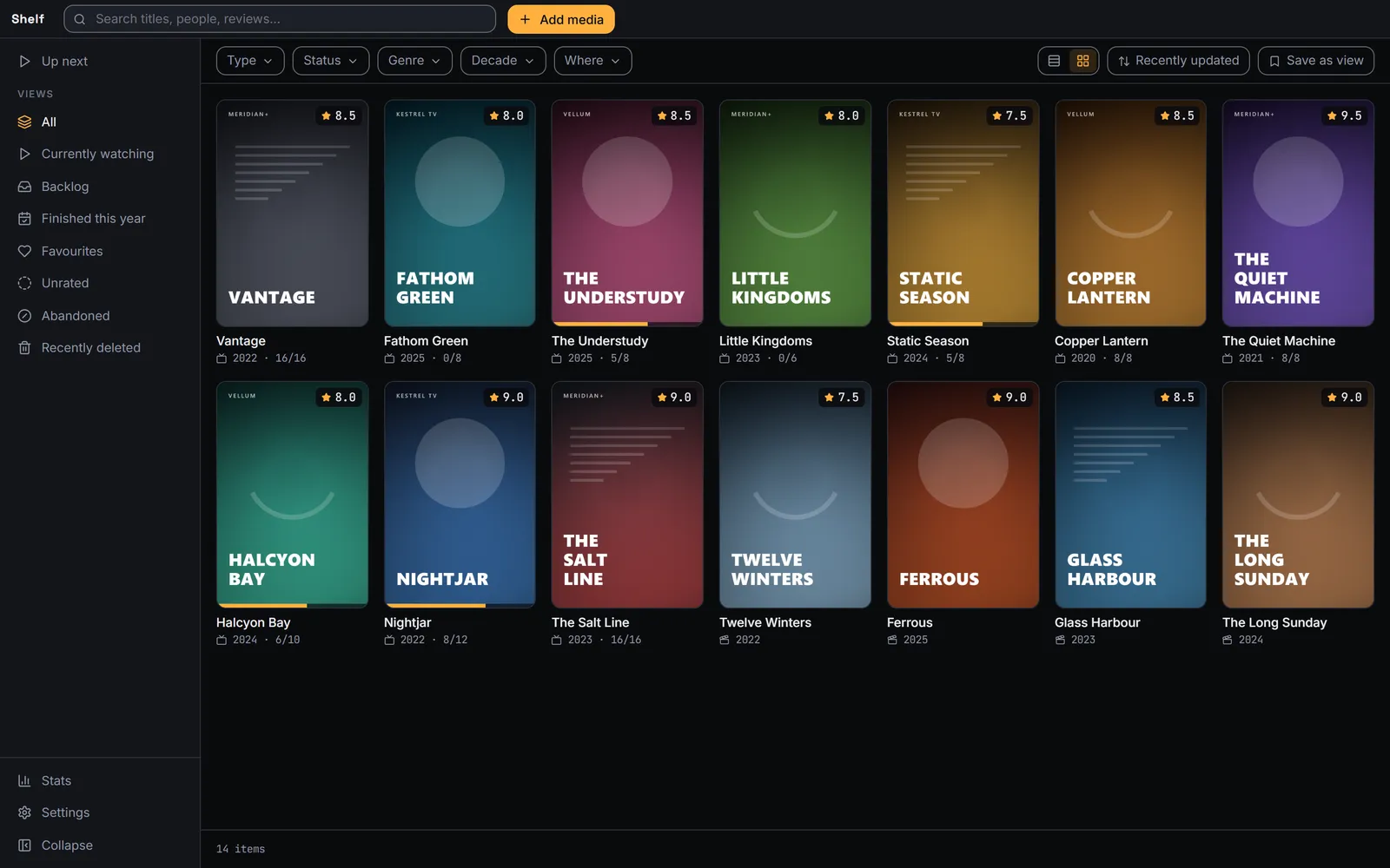 The Shelf library as a wall of poster cards in the dark Nocturne theme, with ratings, progress bars and filters for type, status, genre and decade