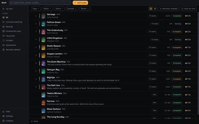 The library as a compact list: each row shows a title, year, one-line review, episode progress, status pill and rating