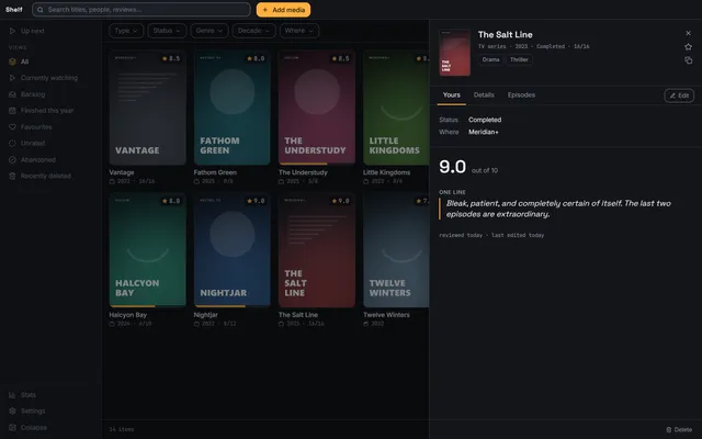 An item panel showing your rating out of ten, a one-line review, watch status and which service it is on