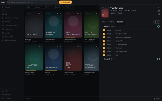 The episodes tab for a series, with every episode of season one ticked off and season two collapsed below