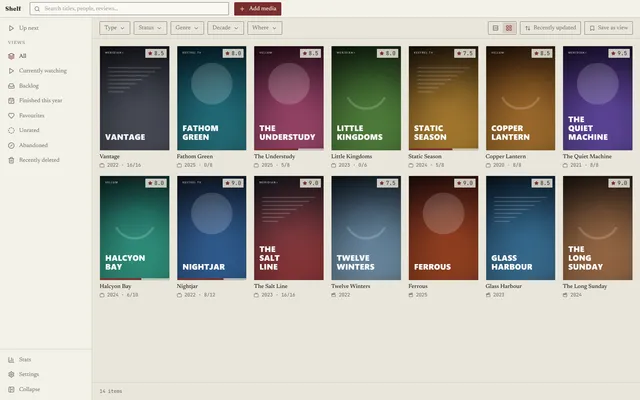 The poster-card library grid in the light Archive theme, warm paper tones instead of the dark ground