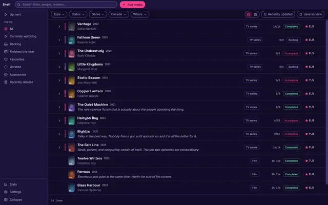 The library list in the dark purple Arcade theme with pink accents