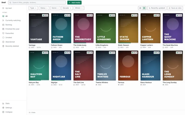 The poster-card library grid in the light Ledger theme
